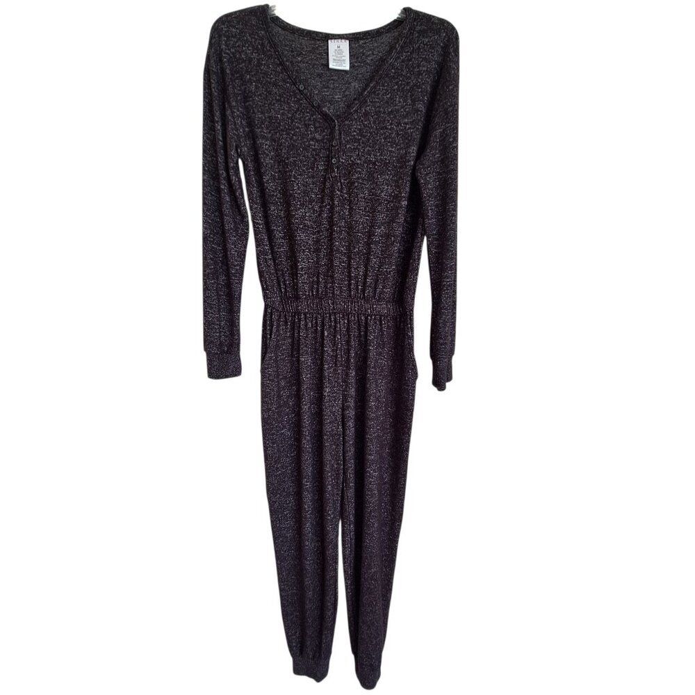 SERRA Jumpsuit Long Sleeve Pockets Henley VNeck Jogger Loungewear Gray Heather M